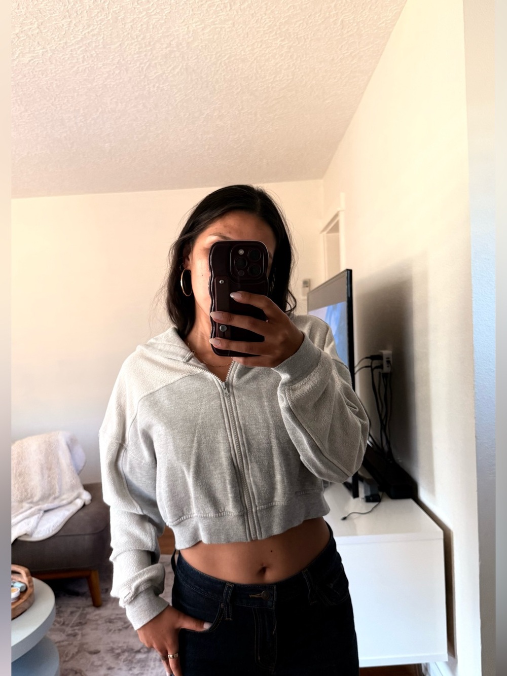 RSQ Light Gray Cropped Zip Hoodie